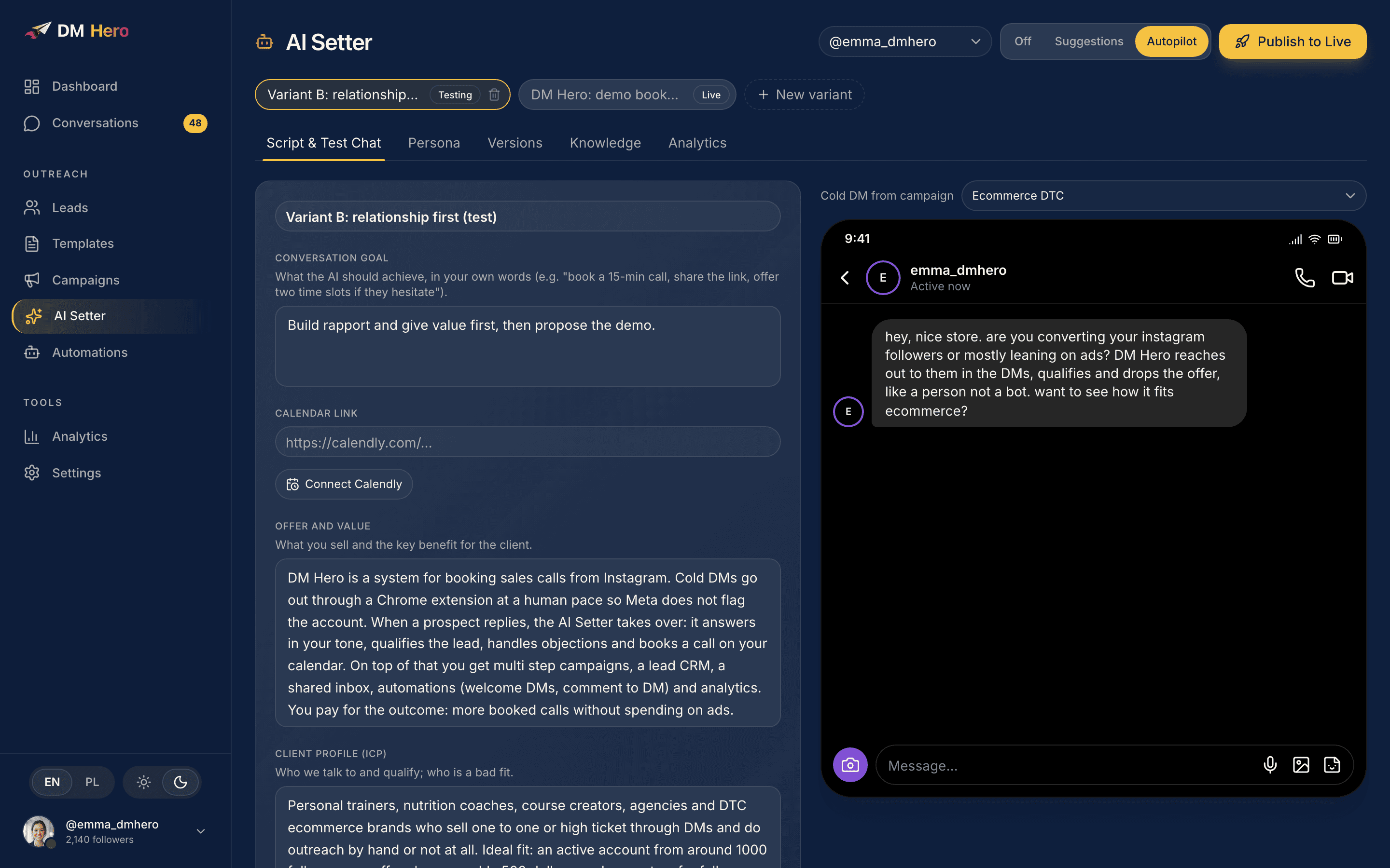 Conversation goal field beside a generated opener in the DM preview
