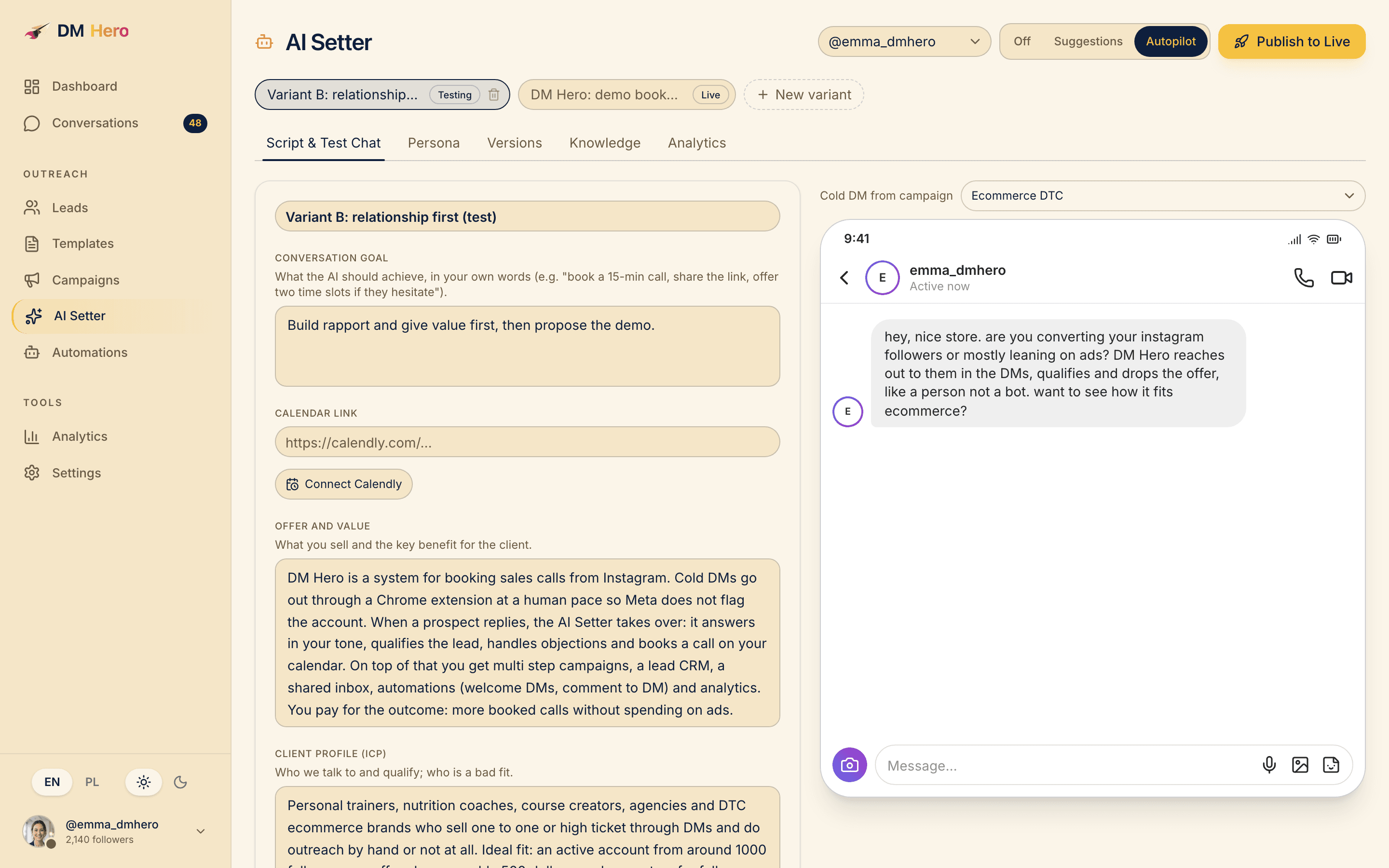 Conversation goal field beside a generated opener in the DM preview