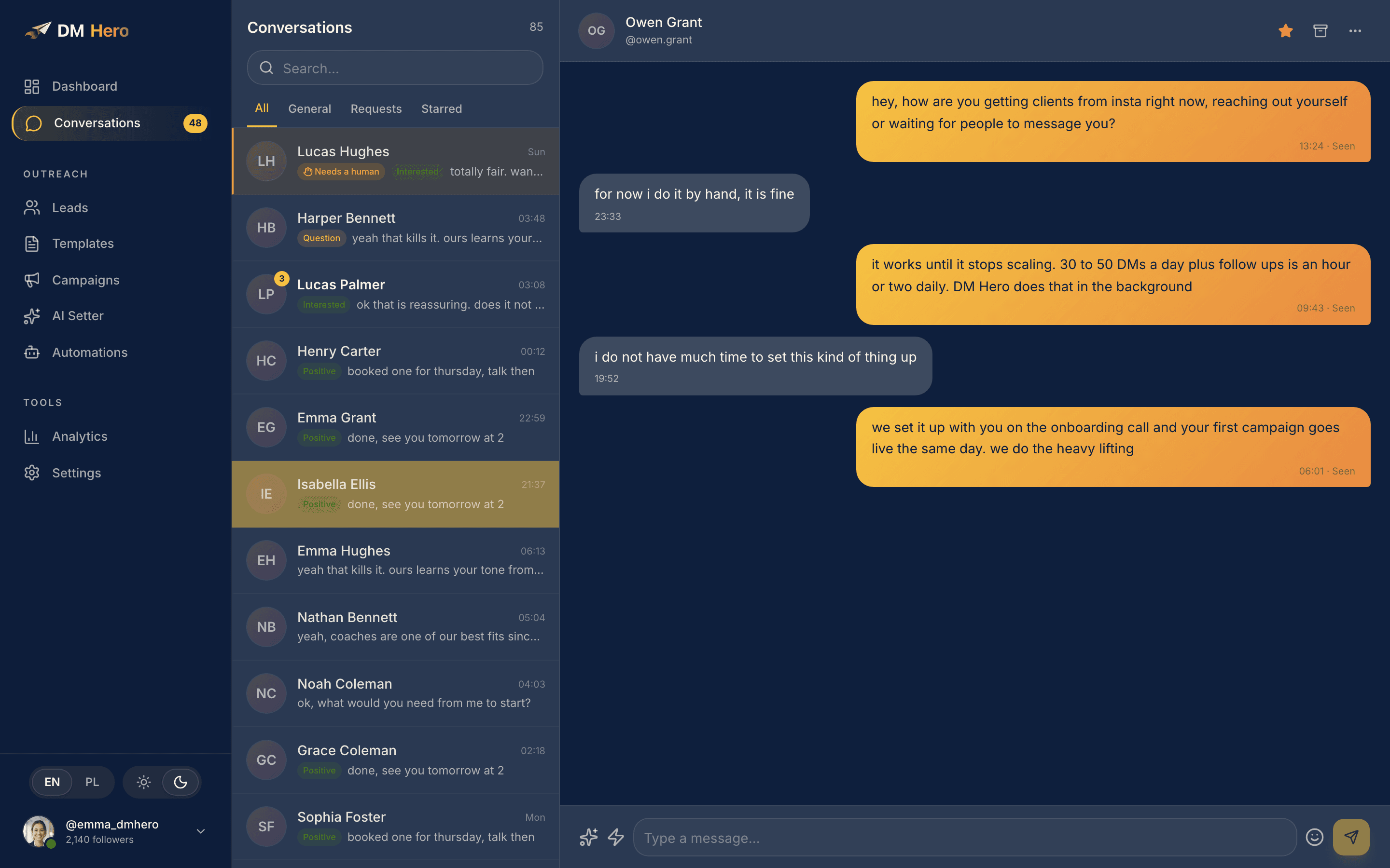 A DM Hero inbox conversation where the AI qualifies a lead and books a meeting, ending in a confirmed time