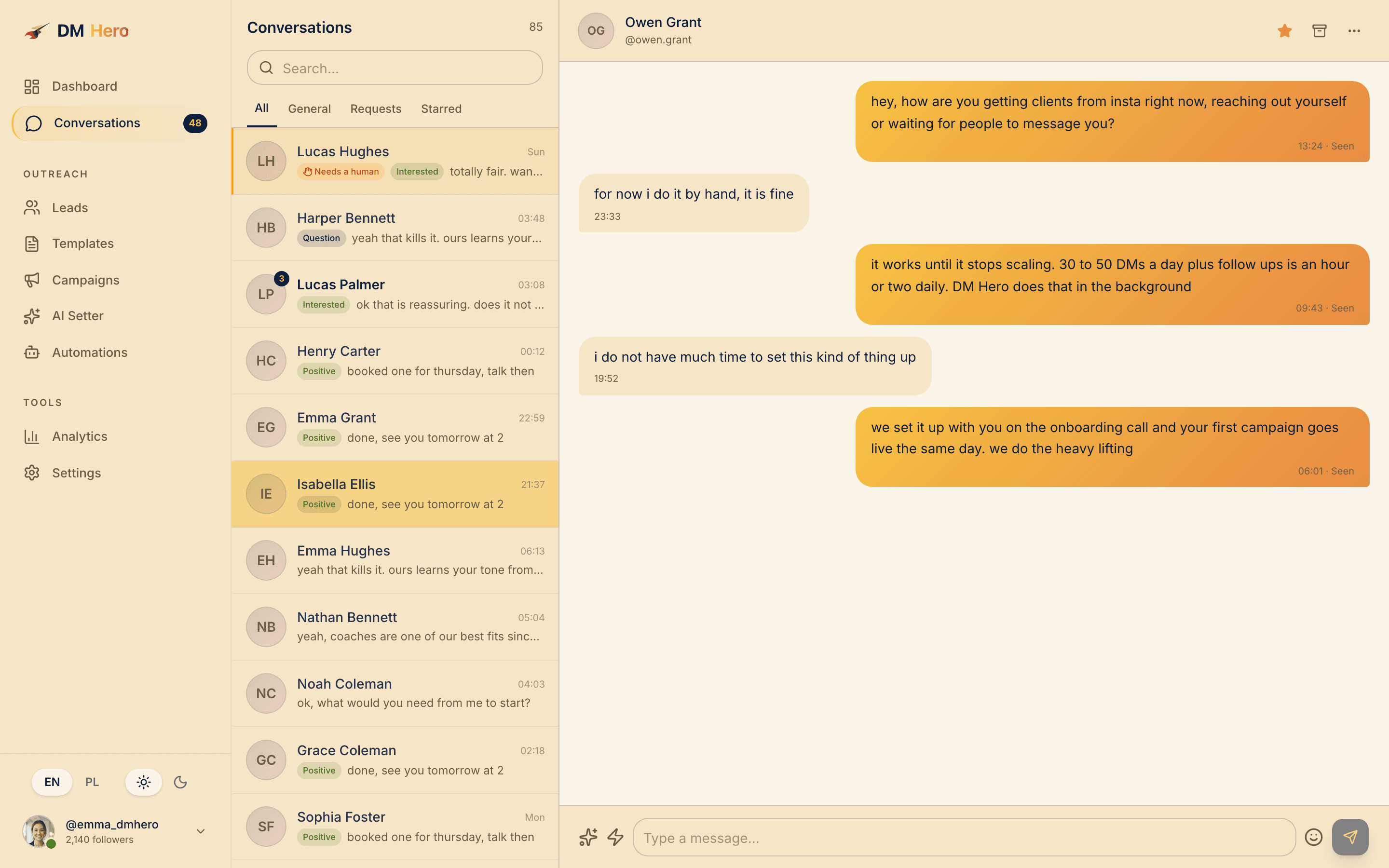 A DM Hero inbox conversation where the AI qualifies a lead and books a meeting, ending in a confirmed time